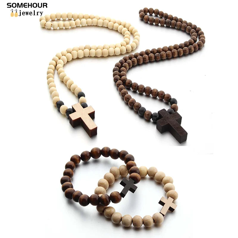 Somehour Vintage Cross Pendant Necklace Bracelet 45cm Round Wood Beads Chains Rosary Religious Accessories Jewelry For Women Men - Image 1
