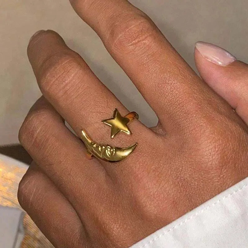 Stainless Steel Gold Color Star Moon Open Rings for Women Vintage Metal Adjustable Finger Rings Personality Jewelry Gifts - Image 1
