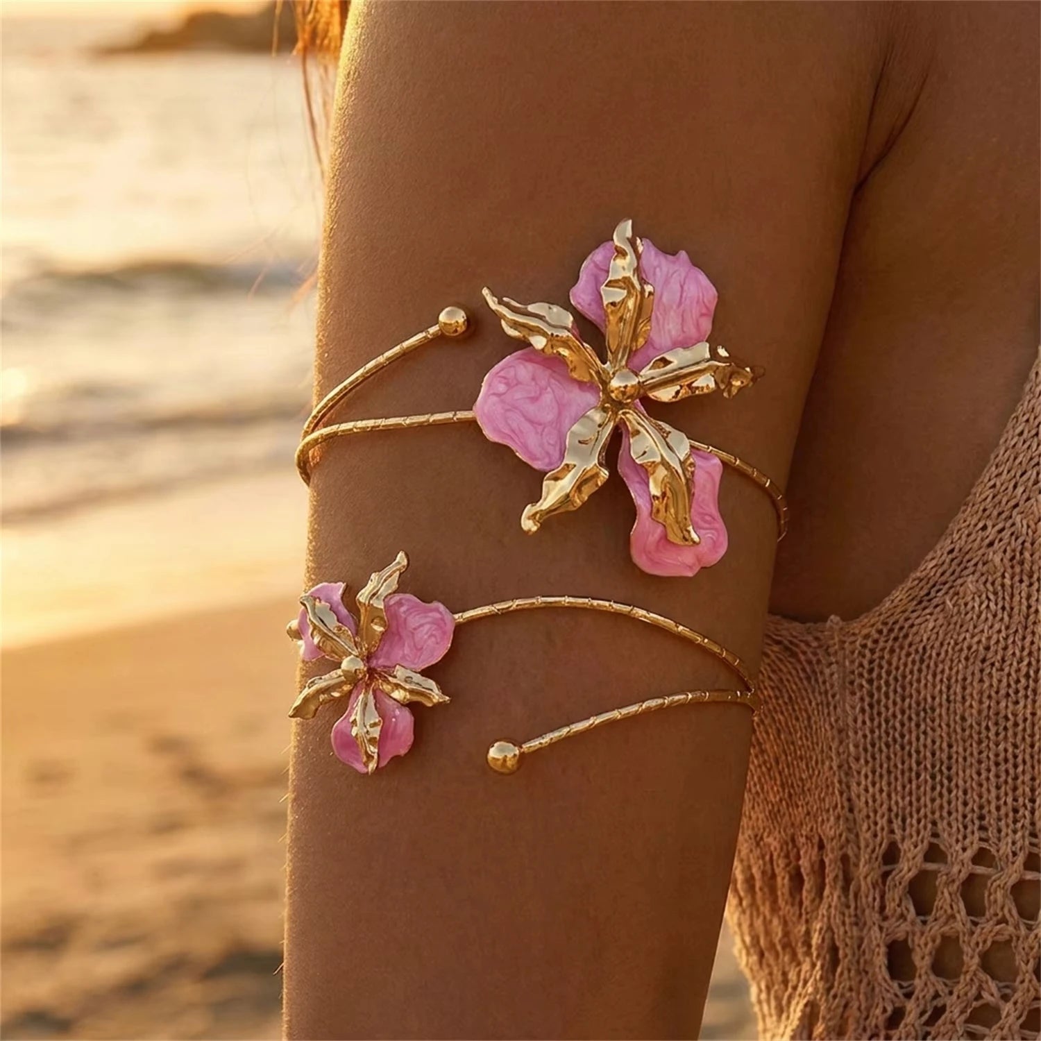 Ftcy Elegant Sexy Floral Open Cuff Armlet For Women Vintage Boho Enamel Glaze Craft Upper Arm Bracelet Beach Body Jewelry Gift - Image 1