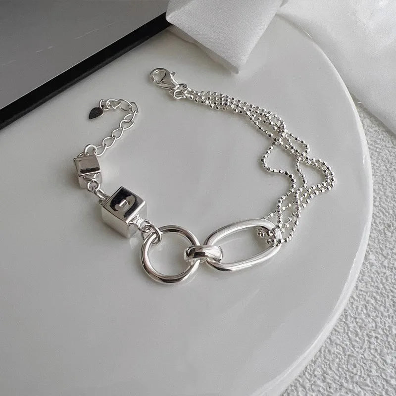 Silver Bracelet Geometric Cube Circle Punk Asymmetric Beaded For Woman Girl Jewelry Gift - Image 1