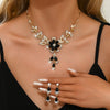 3PC Women's Black Gold Flower Necklace Earrings Jewelry Set Wedding Banquet Party Festival Gift - Image 2