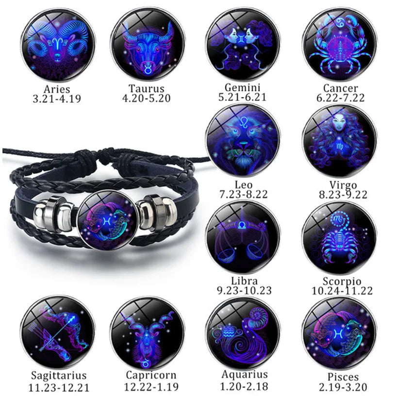 12 Zodiac Signs Constellation Charm Luminous Bracelet for Men Multilayer Weave Leather Bracelet Bangle Jewelry Gifts - Image 1