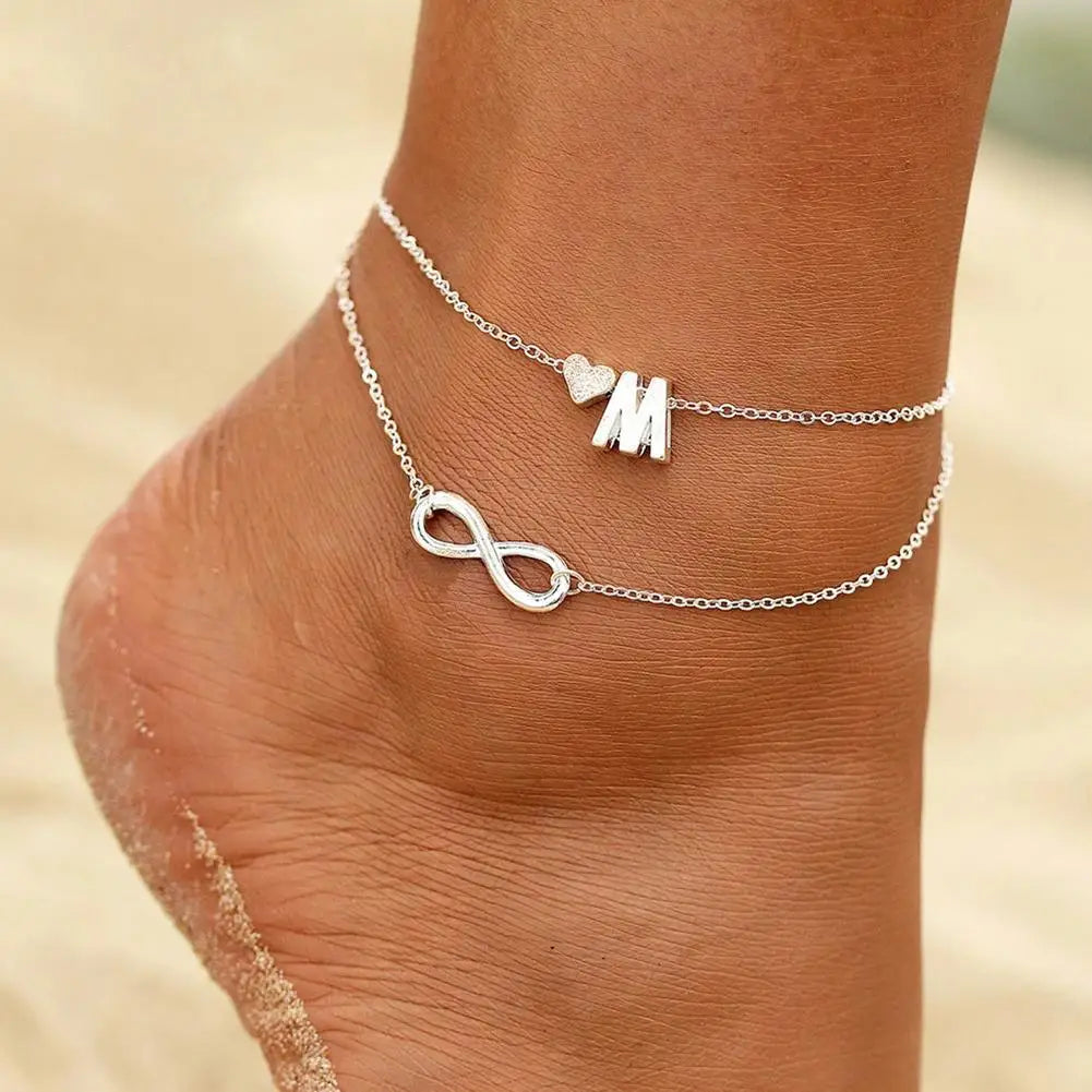 Bohemia A-Z Letter Initial Anklet For Women Silver Color Initial Heart Anklet Bracelet Leg Chain Beach Party Travel Foot Jewelry - Image 1
