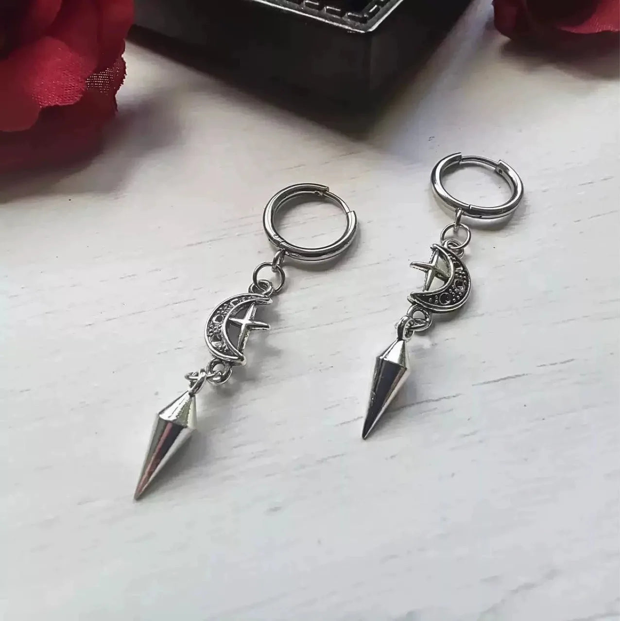 1 Pair of Punk Rock Stainless Steel Pointed Star and Moon Earrings, Suitable for Women to Wear Gothic Jewelry Accessories on a D - Image 1