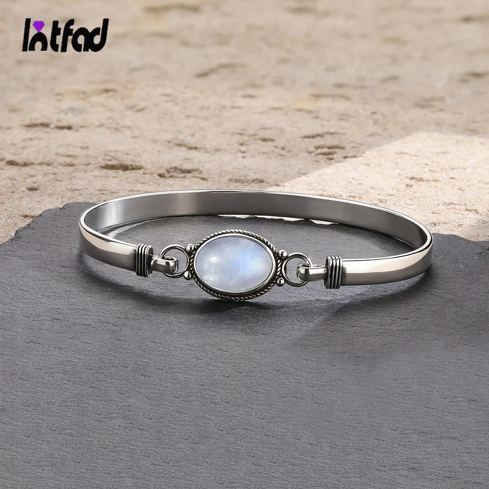 Vintage Silver Bangle Natural Oval Moonstone Bangle Bracelets Handmade Birthstone Bangle Gifts Jewelry for Women Men - Image 1