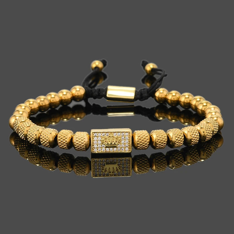 Stainless Steel Beads Crown Charms Man Bracelets Handmade Jewelry Gift - Image 1