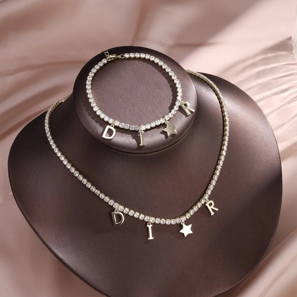 Women's Zircon Inlaid Letter Star Pendant Bracelet And Necklace Set Simple Jewelry Gift Accessory - Image 1