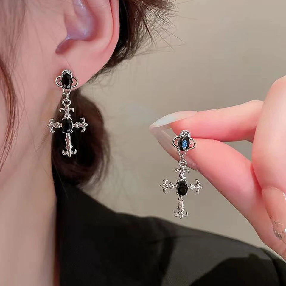 Yupsk Punk Black Crystal Stone Cross Drill Drop Earring for Women Girls Halloween Jewellery Statement Jewelry Gift - Image 1