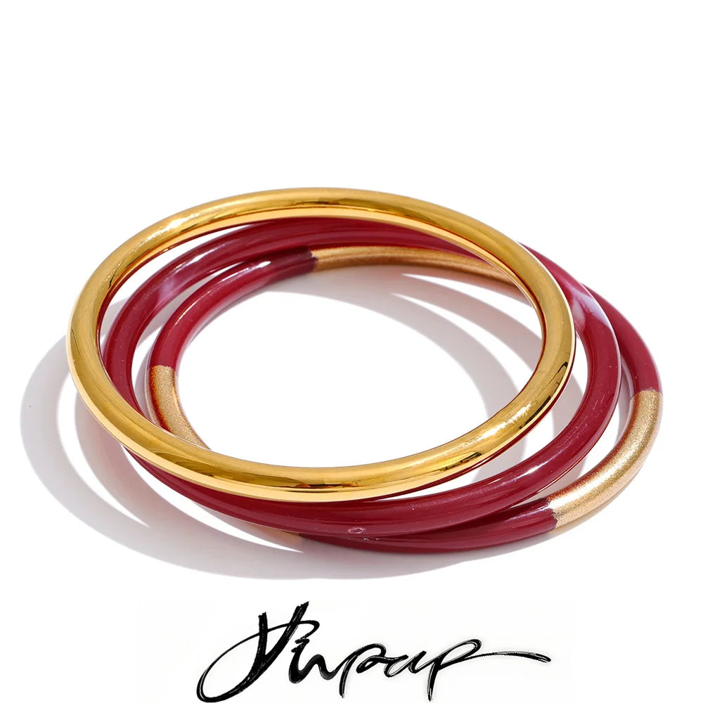 1Set 66mm 3 Round Circle Resin Overlay Minimalist Bracelet Bangle Set Gold Plated Stainless Steel Wrist Jewelry - Image 1