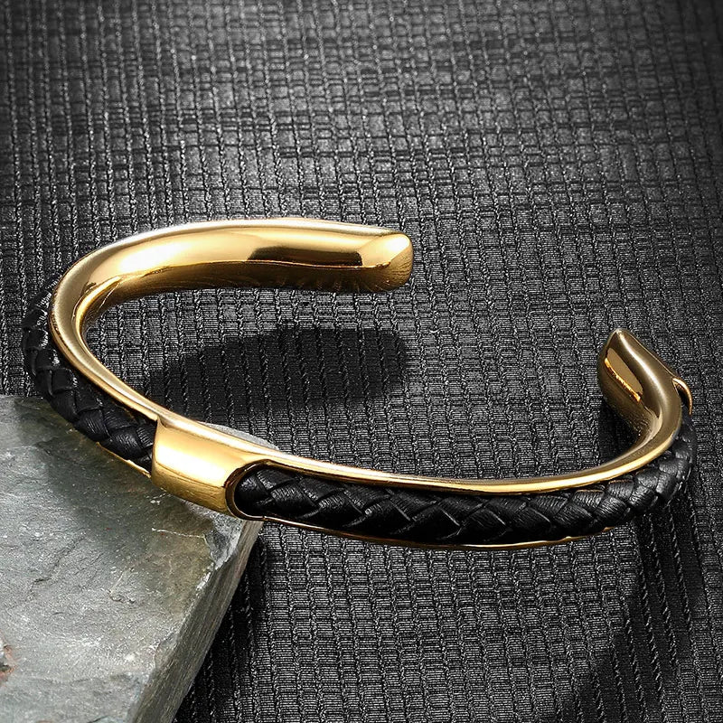 Classic Men Stainless Steel Woven Leather Cuff Bracelet Bangles Minimalist Jewelry Lovers' Gift - Image 1