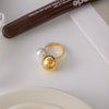 Minimalist Classic Gold Color Plated Glass Pearl Asymmetric Spherical Ring Stainless Steel Women's Jewelry - Image 4