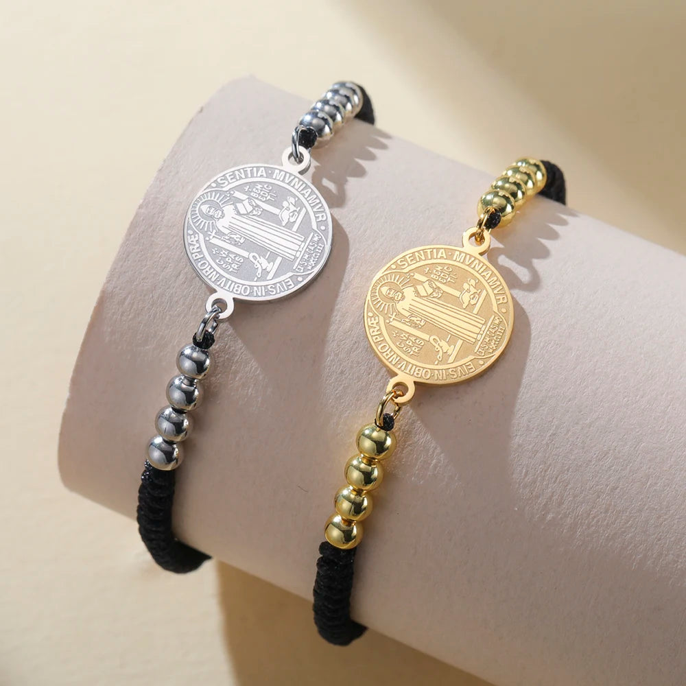 Stainless Steel Double-sided Saint Benedict Exorcism Cross Charm Bracelet Women Men Adjustable Red Black Rope Bracelets Jewelry - Image 1