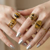 Stackable Vintage Tiger Eye Stone Open Cuff Rings Hammered Gold Plated Stainless Steel Adjustable Boho Korean Jewelry for Women - Image 3