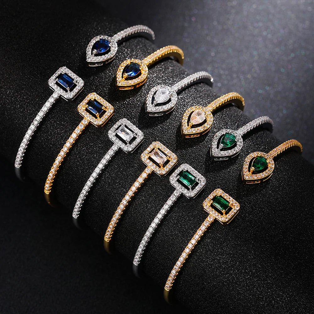Green/White/Blue Cubic Zirconia Cuff Bracelet Bangle for Women Good Quality Female Hand Jewelry - Image 1