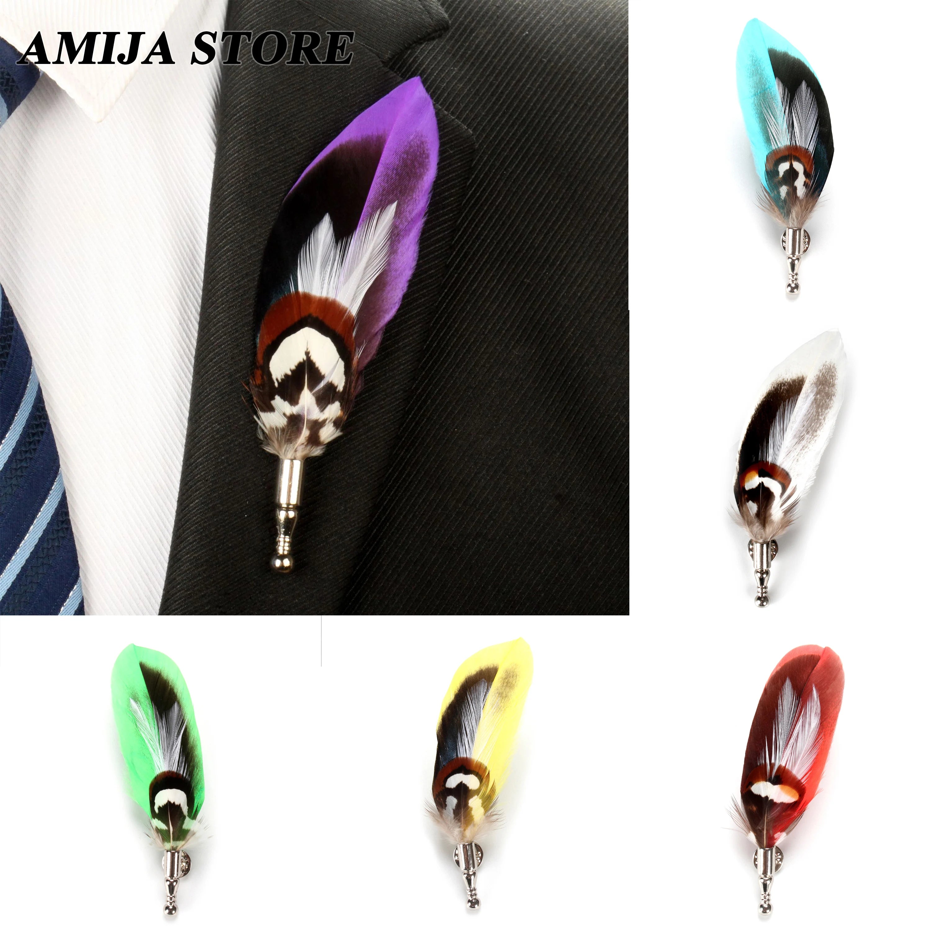 1 Pc Curved Feather Brooch Lapel Pin Handmade Groom Host Actor Wedding Party Stage Brooches Dress Suit Accessor - Image 1