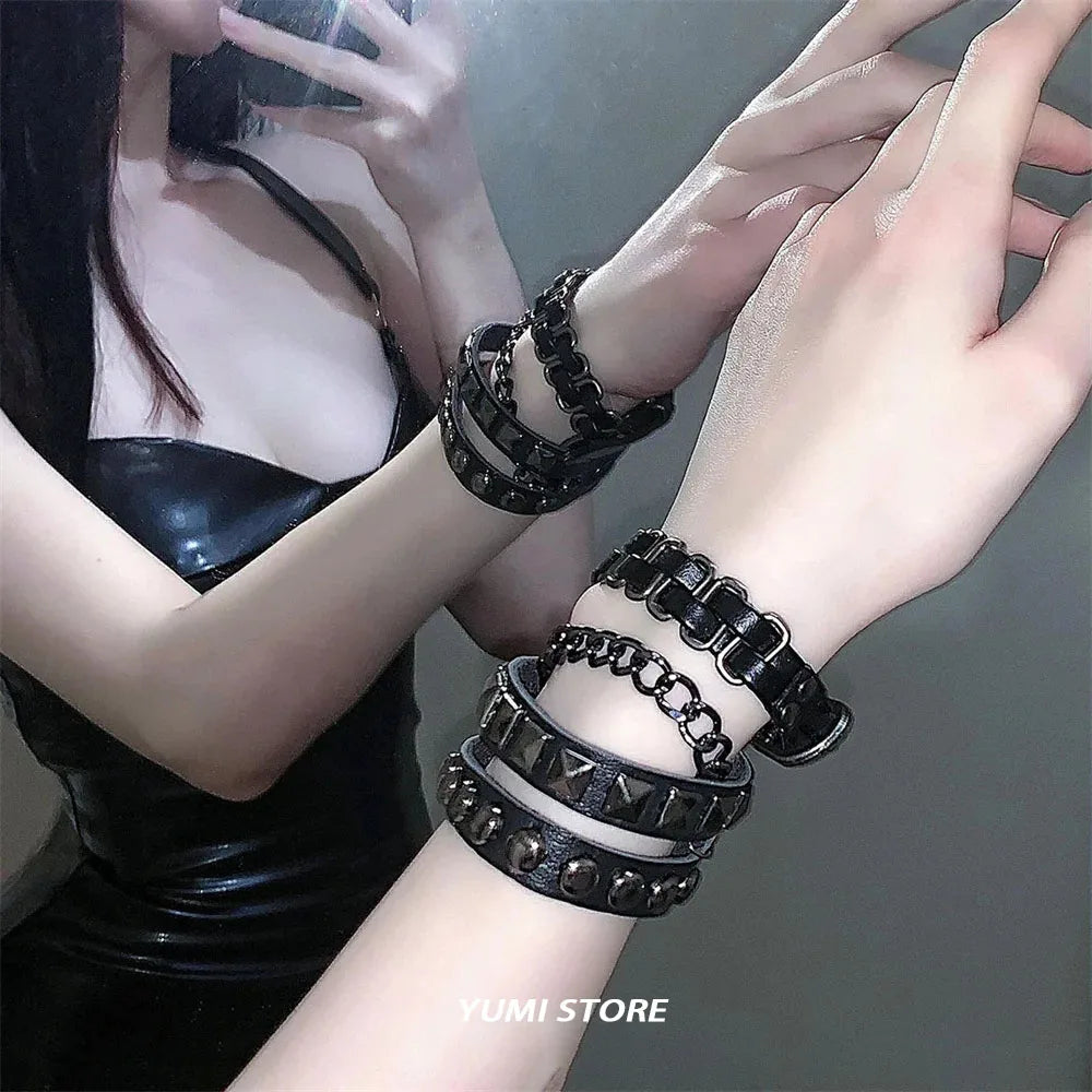 Punk Dark PU Bracelet For Women Men Hip Hop Rock Chain Multi Layered Bracelet Retro Gothic Jewelry Dancer Accessories - Image 1