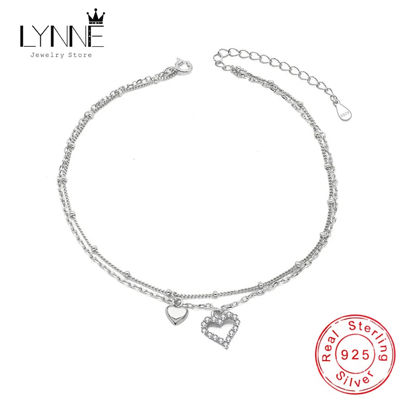 Silver Heart Rhinestone CZ Pendant Double Layer Anklets Women Jewelry Summer Zircon Foot Chain Bracelet - Image 1