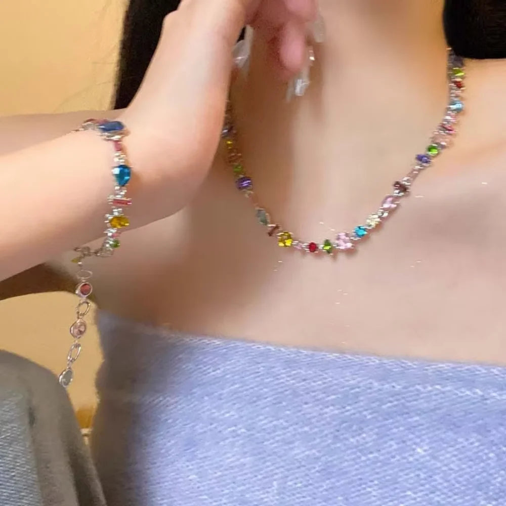 Colorful Cubic Zircon Choker For Women Crystal Charm Necklace Bracelet Earing Wedding Jewelry Gifts - Image 1