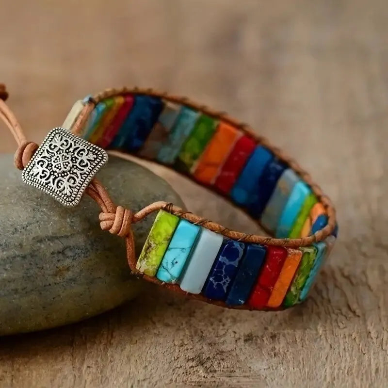 Bohemian Multicolor Emperor Stone Bracelet For Women 7 Chakra Stones Leather Rope Woven Bangle Man Wrist Jewelry - Image 1