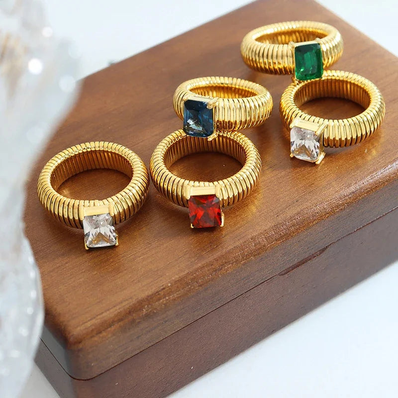 Chunky Striped Ring with Square Crystal in Gold-Tone - Image 1