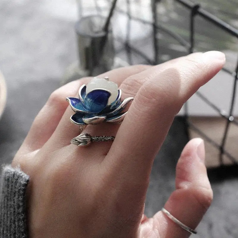 Hetian jade Enamel Porcelain Lotus Canopy Open Ring Chinese Retro Style Design Silver jewelry - Image 1