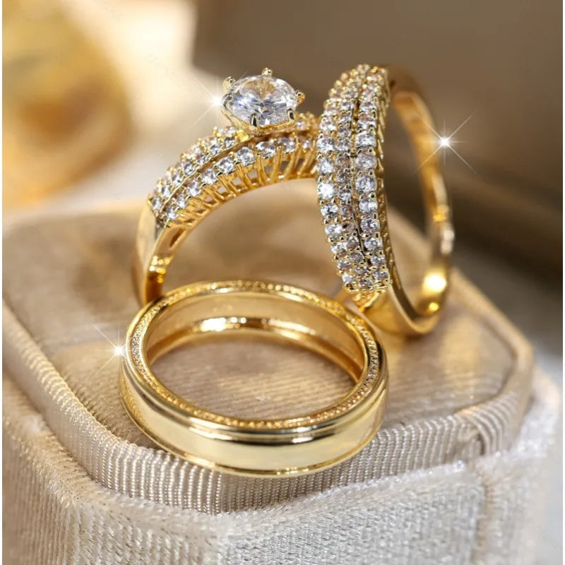 Crystal Female Zircon Round Stone Rings Set Vintage Gold Color Bridal Engagement Wedding Jewelry for Women - Image 1