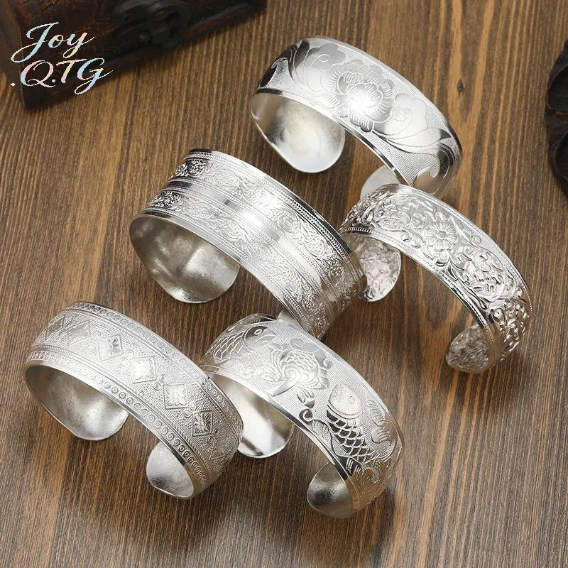 Bohemian Ethnic Style Retro Silver Wide Bracelet For Women Carved Flower Opening Bracelet Boho Vintage Jewelry - Image 1