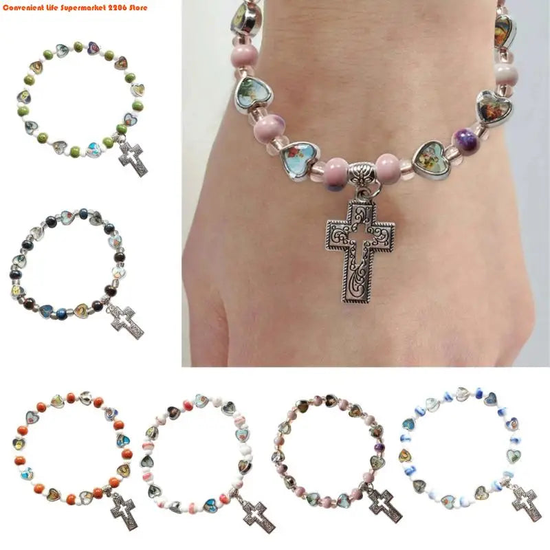 Cross Charm Beaded Stretch Bracelet in Multiple Colors - Image 1