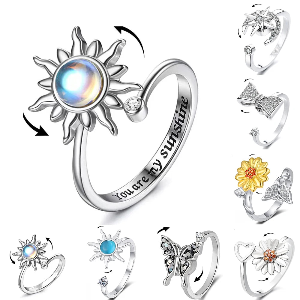 Sunflower Crystal Relief Spinning Fidget Ring For Girls Rotate Freely Metal Copper Knuckle Ring Women'S Jewelry Gifts - Image 1