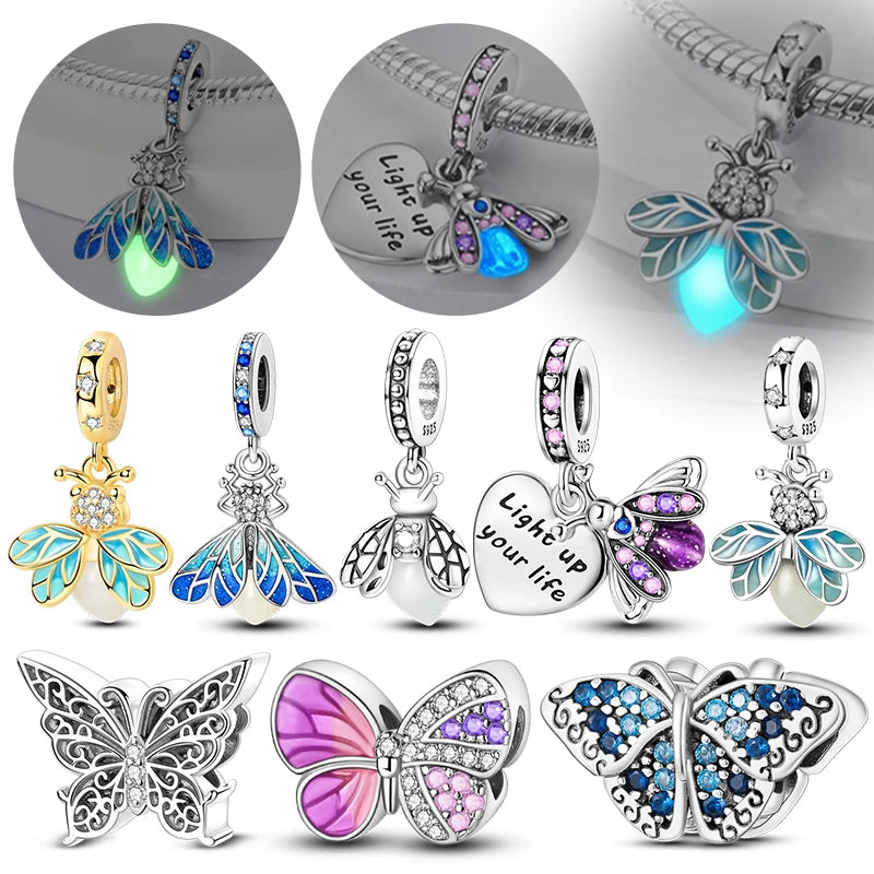 Silver Charm Beads Glowing Luminous Firefly Butterfly Pendant for Bracelet Charm Jewelry - Image 1
