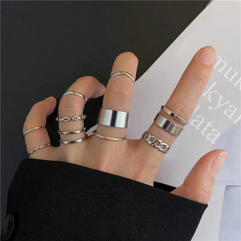 Ten-Piece Stacking Ring Set with Gold-Tone or Silver-Tone Designs - Image 1
