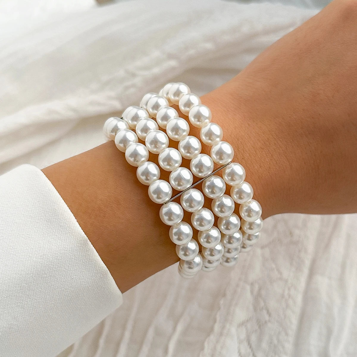 Wide Imitation Pearl Beaded Cuff Bracelet in Multiple Styles - Image 1