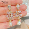 Elegant Cubic Zirconia Leaf Dangle Earrings for Women Imitation Pearls Bridal Earring Wedding Jewelry - Image 4
