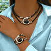 2pcs Set Boho Geometry Spiral Acrylic Imitation Gemstone Double-layer Black Leather Rope Necklace Bracelet for Women Jewelry Set - Image 2