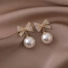 Korean Crystal Bow Drop Earrings White Red Round Imitation Pearl Dangle Earrings for Women Elegant Party Jewelry - Image 2