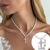 Pearl Cross Pendant Necklace Women Colorful Zircon Square Stud Earrings Elegant Banquet Dress Jewelry Set Accessories - Image 11