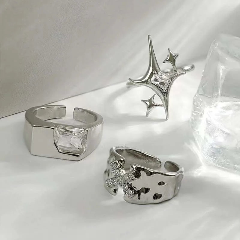 Vintage Irregular Cross Star Couple Ring for Women Men Punk Gothic Sliver Color Adjustable Rings Y2K Egirl Jewelry Gift - Image 1
