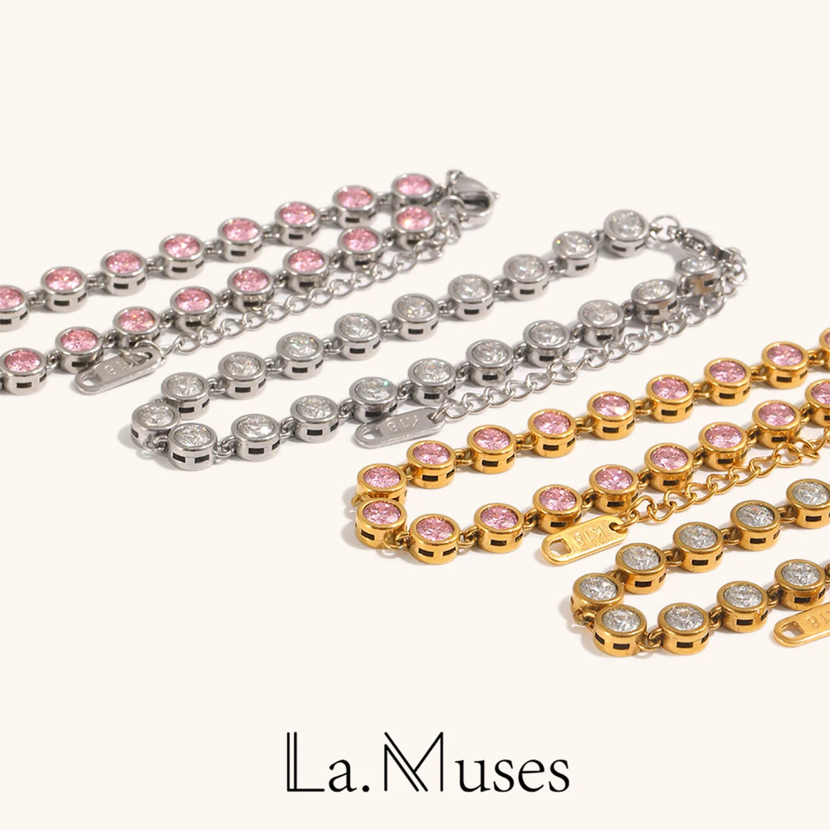 La. Muses Pink Round Zircon Stainless Steel Women's Bracelet Pvd Gold Plated Daily Jewelry - Image 1