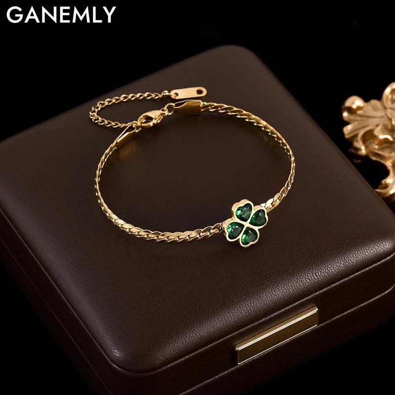 316L Stainless Steel Green Crystal Clover Bracelet Bangle For Women Wrist Chain Jewelry Gift - Image 1