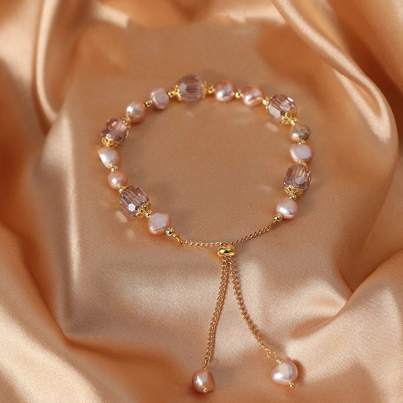 Elegant Pink Imitation Pearl Bracelets Purple Crystal Beaded Adjustable Bracelets Bangle Female Wristband Accessories - Image 1