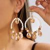 Handmade Beaded Woven Hoop Earrings with Spotted Shell Drop for Women Tribal Dreamcatcher Boho Summer Beach Vacation Jewelry - Image 4