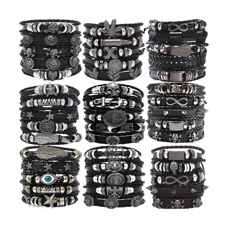 1Set Black Punk Skull Star Shaped Alloy Pu Leather Bracelet - Image 1