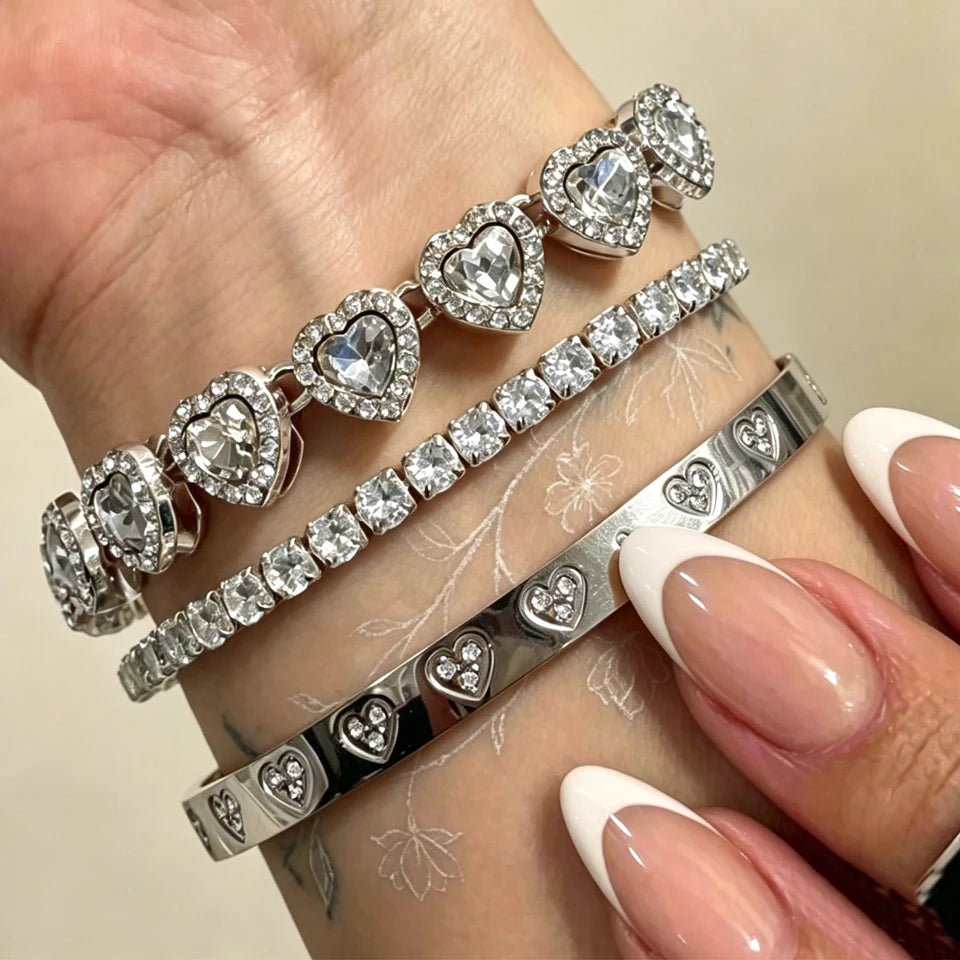 Yupsk 1/3pcs Sliver Color Sparkling Zircon Rhinestone Heart Tennis Bracelets Stainless Steel Bangles Jewelry - Image 1