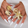 4Pcs/Set Gold Color Imitation Pearl Flower Chunky Rings Set For Women Exaggerated Metal Hollow Geometric Ring Jewelry - Image 7
