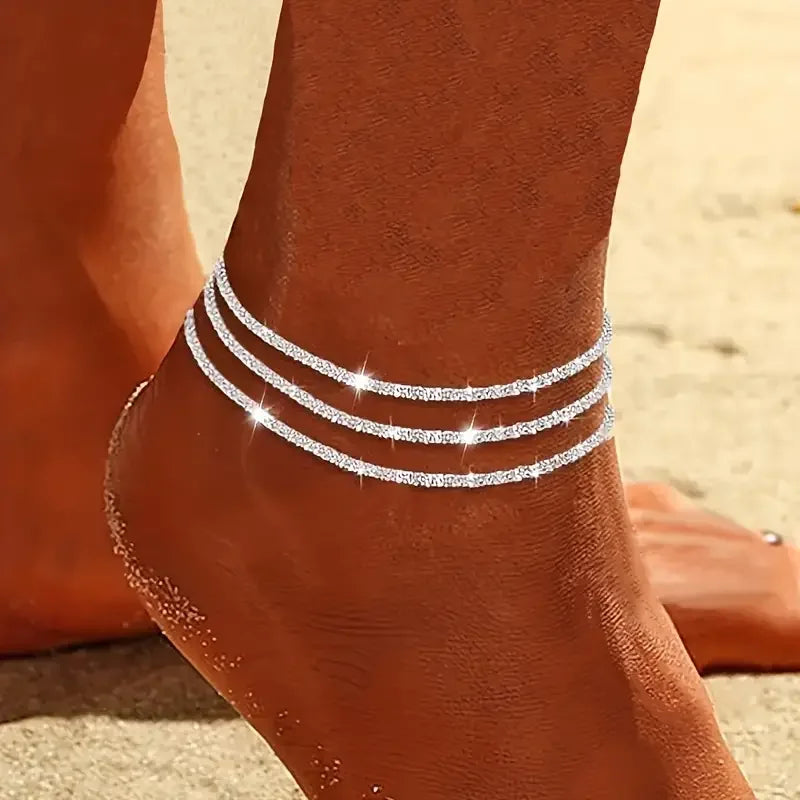 3pcs Simple Wave Glitter Anklet Set For Women Silver Color Sparkling Rhinestone Bracelet On Leg Summer Beach Jewelry - Image 1