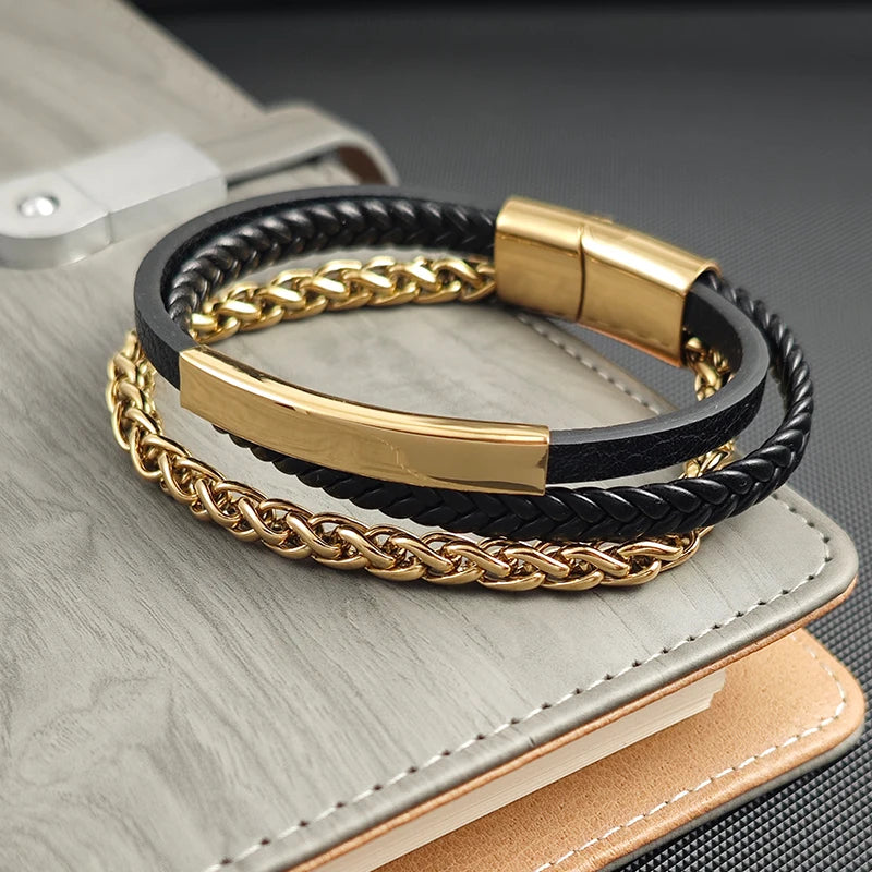 Stainless Steel and Leather Braided Bracelet For Men Hand-woven Classic Punk Style Leather Bracelet Bangle Jewelry Gift - Image 1