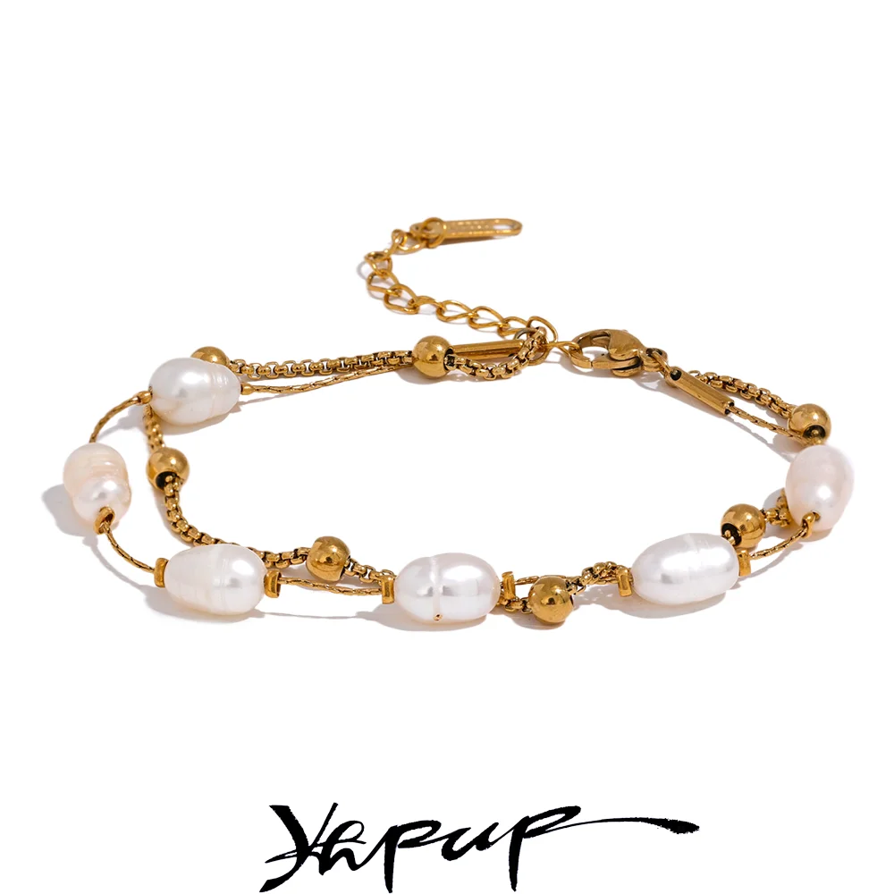 Pearls Double Layer Chain Stainless Steel Charm Bracelet Bangle Women Stylish Summer Jewelry - Image 1