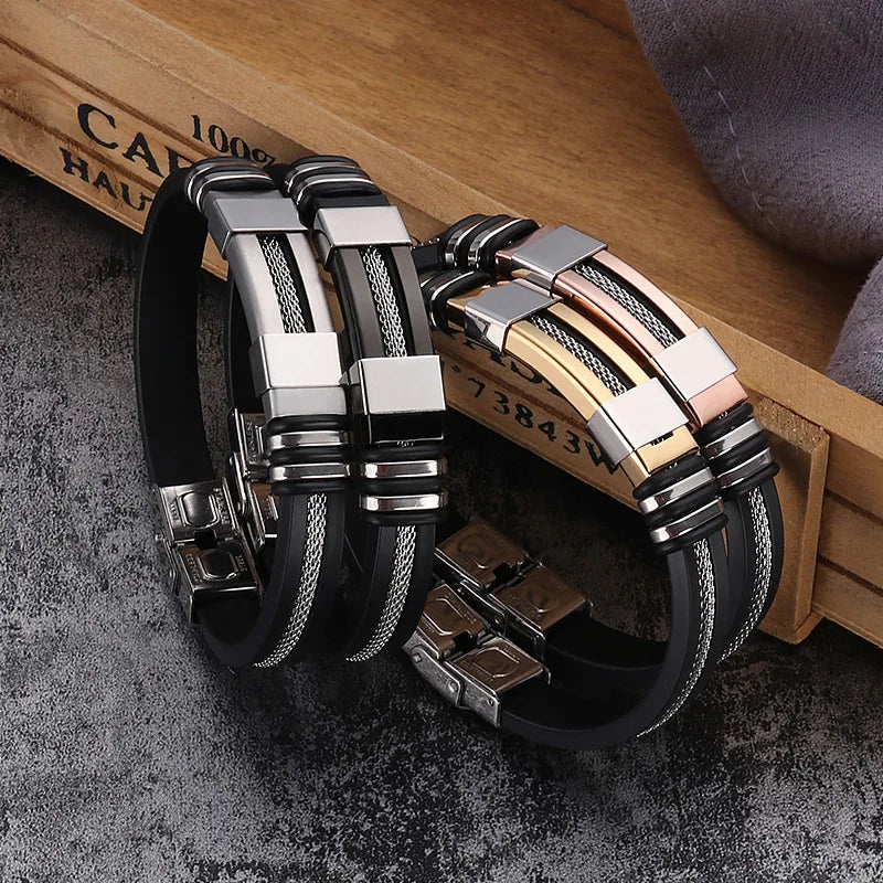 Stainless Steel Bracelets Men Wrist Band Black Grooved Rudder Silicone Mesh Link Insert Punk Wristband Casual Bangles - Image 1