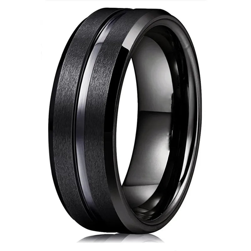 8mm Men's Black Tungsten Wedding Band Rings Black Groove Beveled Edge Engagement Ring for Men's Valentine Gifts Jewelry - Image 1