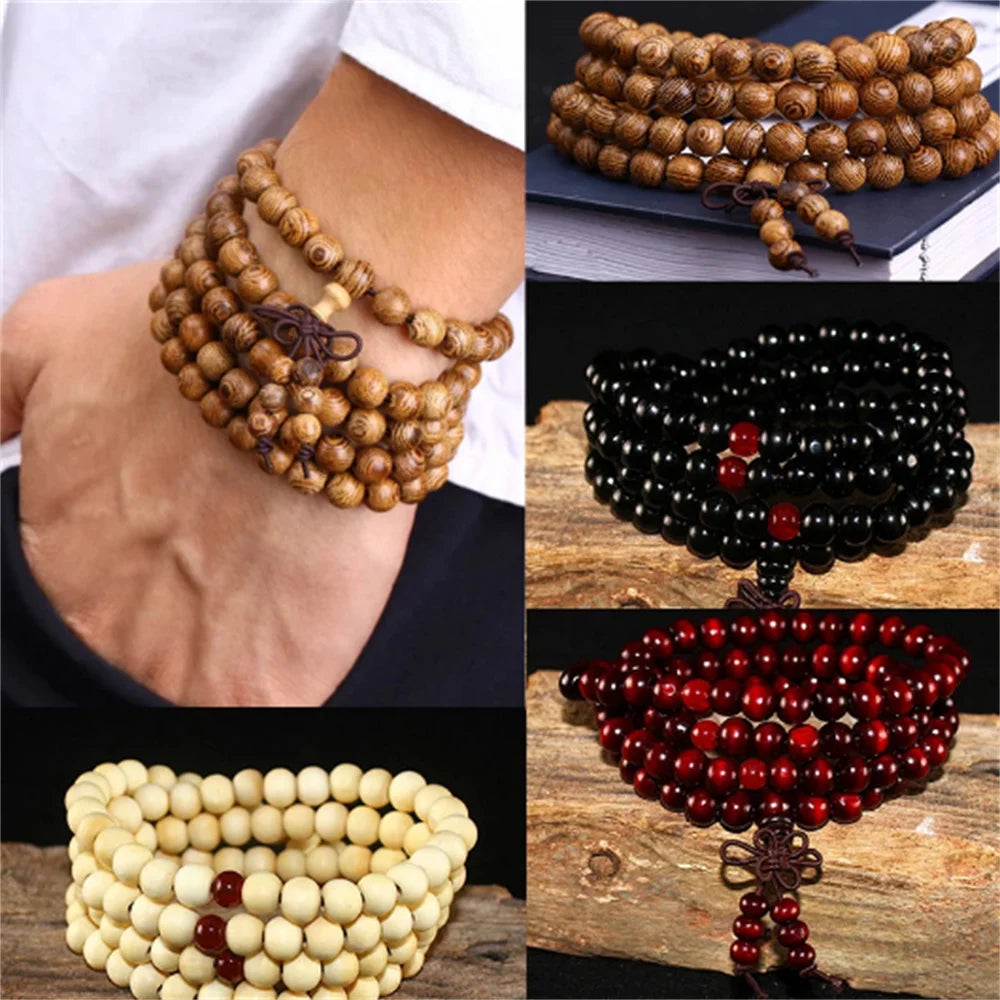 Natural Sandalwood Bracelet Men Buddhist Buddha Meditation Bead Bracelet For Women Prayer 108 Beads Rosary Hanging Decoration - Image 1